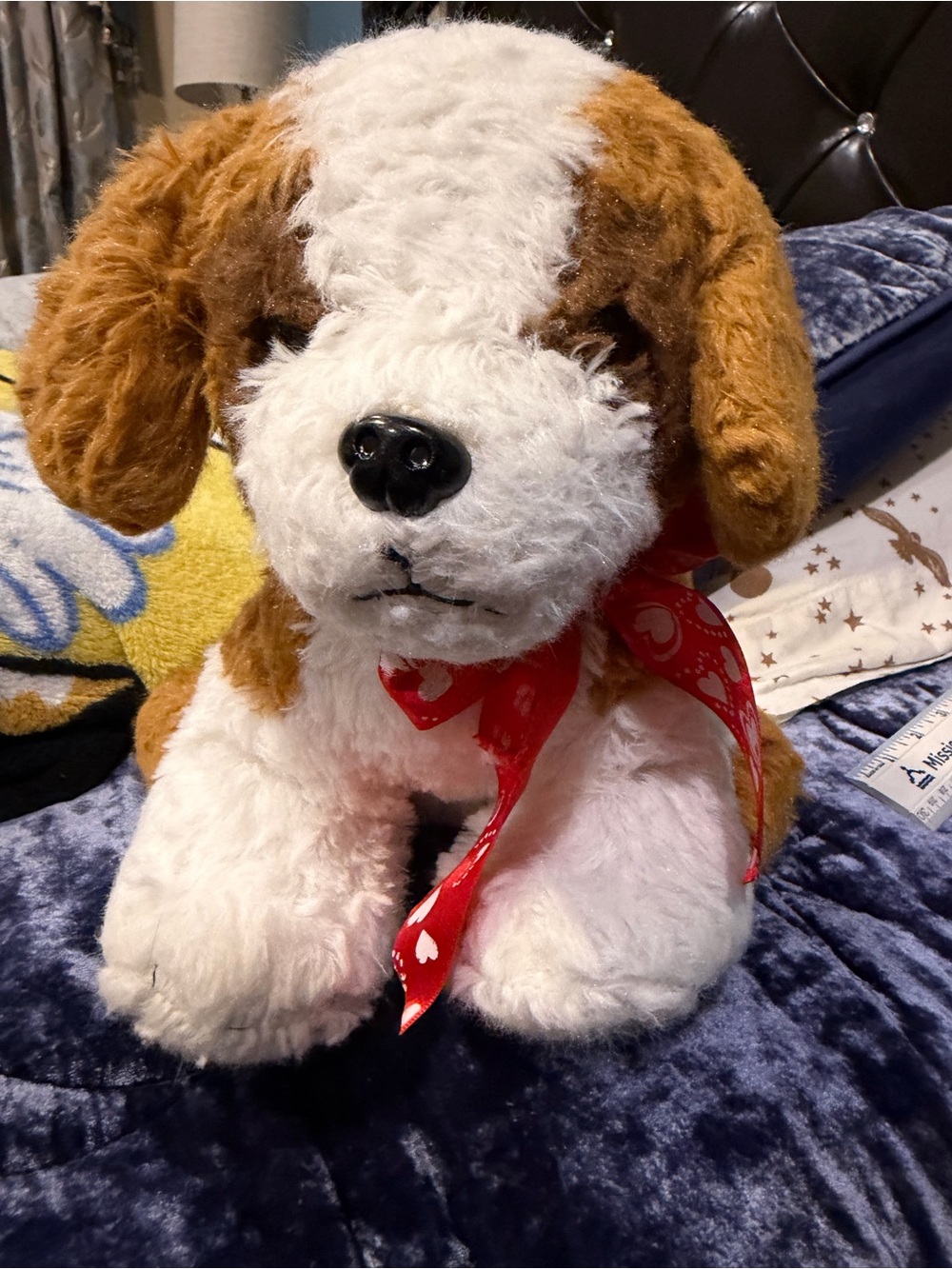 Plush Brown and White Dog Toy with Red Ribbon - Soft Pet Plush